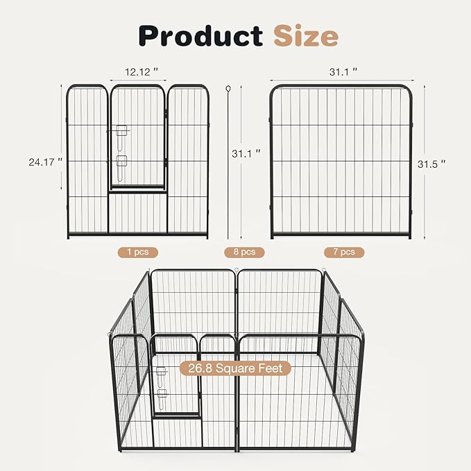 Heavy-Duty Iron Dog Playpen – 8 Panel 32” Durable, Rust-Resistant Pet Fence for Indoor & Outdoor Use, Secure & Spacious Pet Play Area for Dogs, Puppies & Small Animals