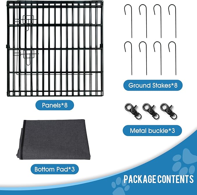 Dog Pen Pet Playpen Dog Fence Indoor Foldable Metal Wire Exercise Puppy Play Yard Pet Enclosure Indoor Outdoor 8 Panels 24 Inch with Bottom Pad/Top Cover (Black with top Cover)