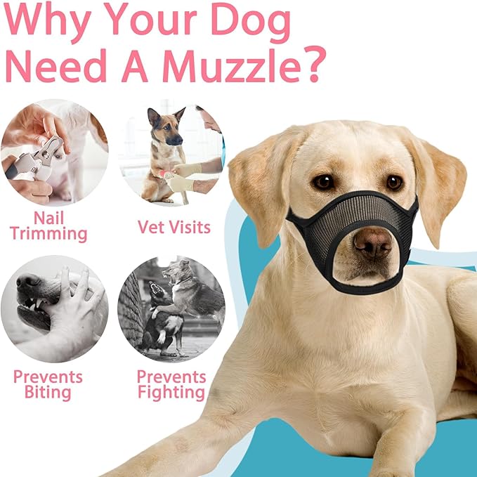LUCKYPAW Dog Muzzle, Mesh Dog Muzzle for Large Medium Small Dogs, Soft Muzzles for Biting Chewing Fierce Barking, Breathable Muzzle with Adjustable Strap for Training (Black, XS(Snout:6.5"-7.5"))