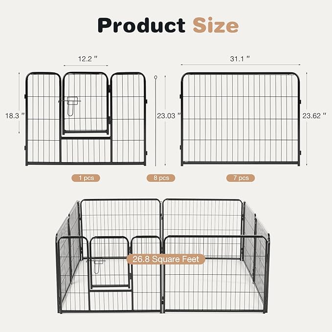 Heavy-Duty Iron Dog Playpen –8 Panel 24” Durable, Rust-Resistant Pet Fence for Indoor & Outdoor Use, Secure & Spacious Pet Play Area for Dogs, Puppies & Small Animals