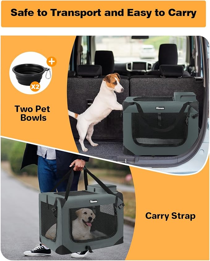Extra Large Dog Crate with 2 Foldable Bowl, 32 Inch Collapsible Travel Dog Crate Kennel with Soft Blanket for Medium Dogs,Indoor & Outdoor (32" L x 23" W x 23" H, Grey)