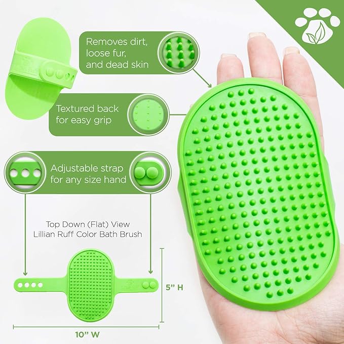 Lillian Ruff Dog Bath Brush - 2 Pack of Flexible Rubber Dog Shower Brush with Adjustable Strap - Soothing Massage Bristles Produce more Lather, Reduce Bath Time, Remove More Dirt & Loose Hair (Green)