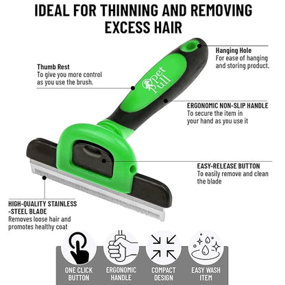 Pet Deshedding Tool Cleaning Brush - Green - For Dogs & Cats - Hair Removal Tool - Stainless Steel Knot Detangler Comb - 95% Shedding Reduce
