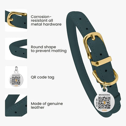 BRONZEDOG Rolled Leather Dog Collar with QR ID Tag Adjustable Soft Round Collars for Small Medium Large Dogs Puppy Cat (14" - 16" Neck Size, Denim)