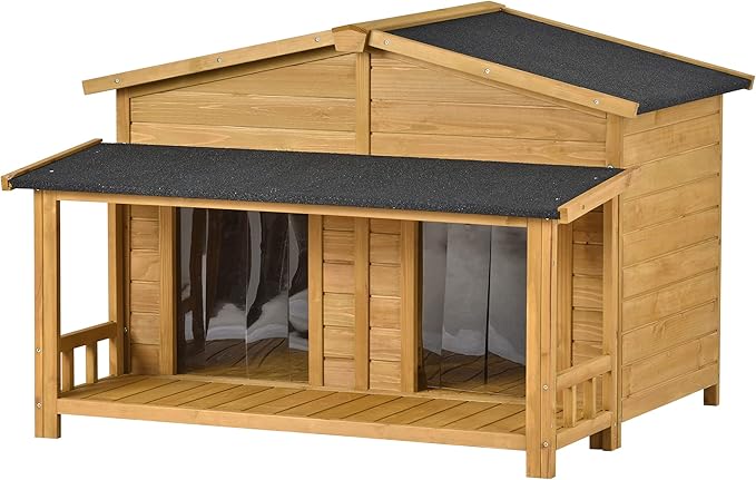 YOTPO 47.2" Wooden Indoor & Outdoor Medium Dog House with Porch Door and Removable Curtain,Pet Kennel with Weatherproof Solid Wood,for Yard,Garden,Living Room,Villa,Wood
