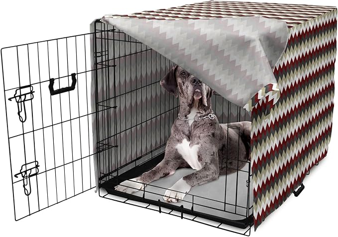 Lunarable Chevron Dog Crate Cover, Chevron Pattern with Vivid Color Scheme Stripes Design Modern Geometric, Easy to Use Pet Kennel Cover for Medium Large Dogs, 48 Inch, Burgundy Grey Eggshell