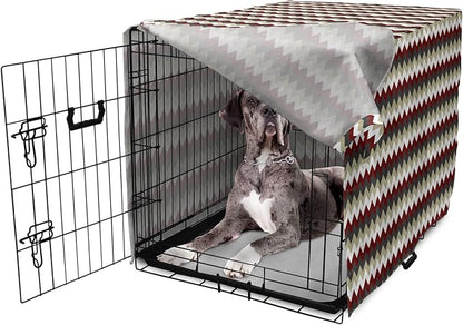 Lunarable Chevron Dog Crate Cover, Chevron Pattern with Vivid Color Scheme Stripes Design Modern Geometric, Easy to Use Pet Kennel Cover for Medium Large Dogs, 48 Inch, Burgundy Grey Eggshell