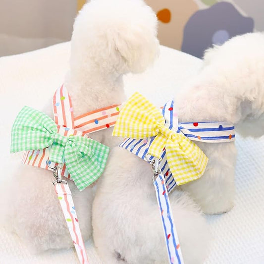Bowknot Dog Harness with Leash Set,Stripe Puppy Cat Harness Vest with D Ring, Walk Doggie Outfits for Puppy Cat Apparel (Blue, L)