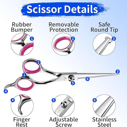 Dog Grooming Scissors, 6-in-1 Professional Dog Grooming Kit, 4CR Stainless Steel Dog Scissors for Grooming, Heavy Duty Dog Shears for Grooming, Dog Grooming Supplies Pet Grooming Kit for Dogs at Home