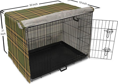 Lunarable Plaid Dog Crate Cover, Tartan Pattern in Autumn Tones Old Fashioned Design Country Illustration, Easy to Use Pet Kennel Cover for Cats & Medium Dogs, 30 Inch, Olive Green Mustard