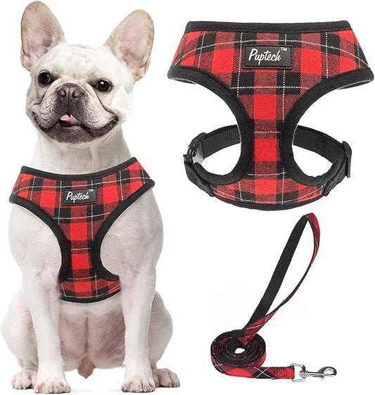 PUPTECK Soft Mesh Dog Harness and Leash Set Pet Puppy Cat Comfort Padded Vest No Pull Harnesses, Red&Black, M