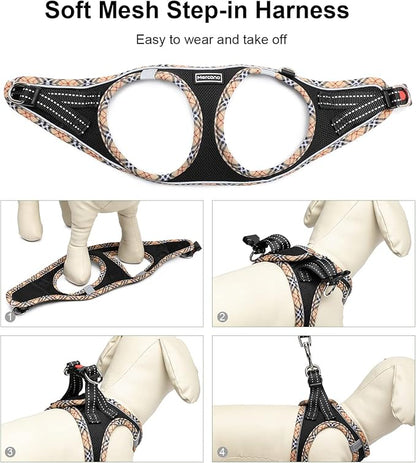 Mercano Soft Mesh Dog Harness and Leash Set, No-Chock Step-in Reflective Breathable Lightweight Easy Walk Escape Proof Vest Harnesses with Safety Buckle for Small Medium Dogs, Cats (Black Yellow, M)