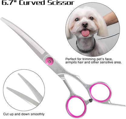 Premium Dog Grooming Scissors with Safety Round Tips, 5 in 1 Dog Grooming Scissors Kit, 4CR Stainless Steel Premium Pet Grooming Shears for Dog, Sharp and Durable, Pink