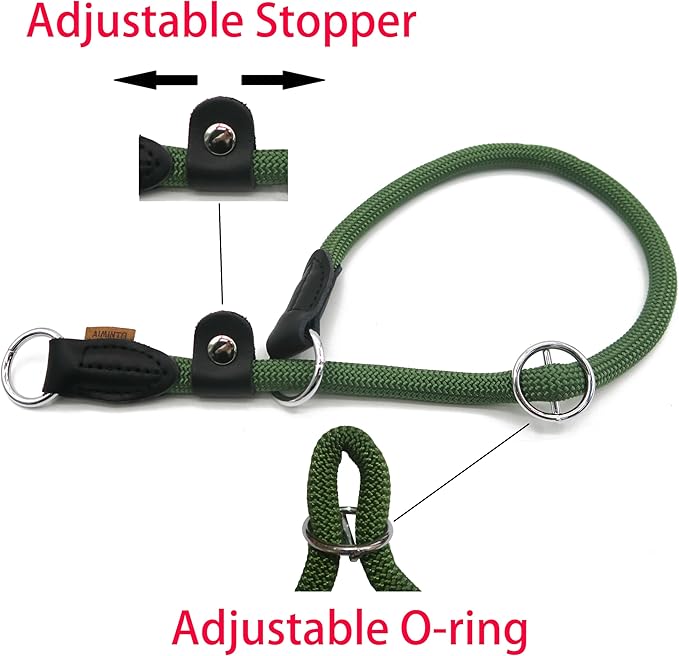 Braided Rope Collar, Training Dog Collar, Round Martingale Collar, Slip Collar with Adjustable Stopper and Slidable Stop Ring - Ideal for Medium Dogs (M(1/3") - 18" Long, Dark Green)