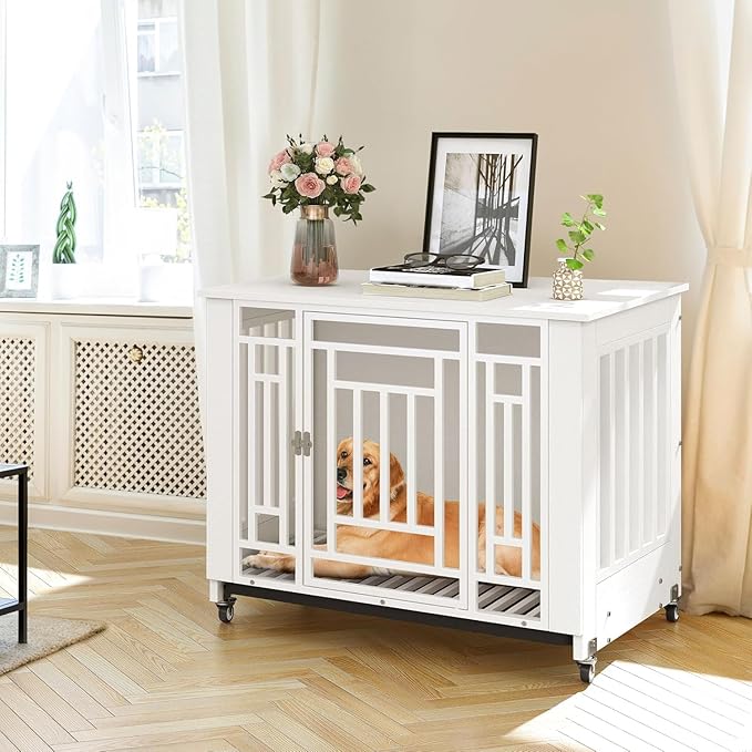 YITAHOME Dog Crate Furniture, 31.9" Heavy Duty Dog Cage, Wooden Side End Table with Wheels, Chew-Resistant Metal Dog Kennel with Removable Tray, Dog House Indoor for Small Medium Dogs, White