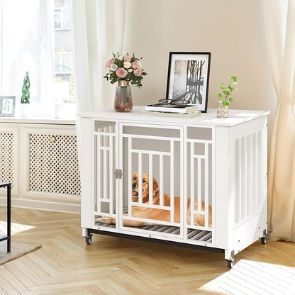 YITAHOME Dog Crate Furniture, 31.9" Heavy Duty Dog Cage, Wooden Side End Table with Wheels, Chew-Resistant Metal Dog Kennel with Removable Tray, Dog House Indoor for Small Medium Dogs, White