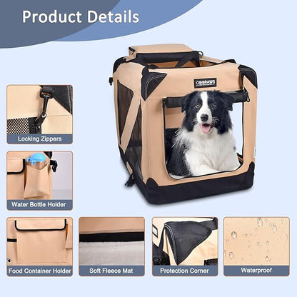 JESPET 30'' Soft Dog Crates Kennel for Pets, 3 Door Soft Sided Folding Travel Pet Carrier with Straps and Fleece Mat for Dogs, Cats, Rabbits, Grey Blue & Beige (30" L x 21" W x 23" H, Beige)