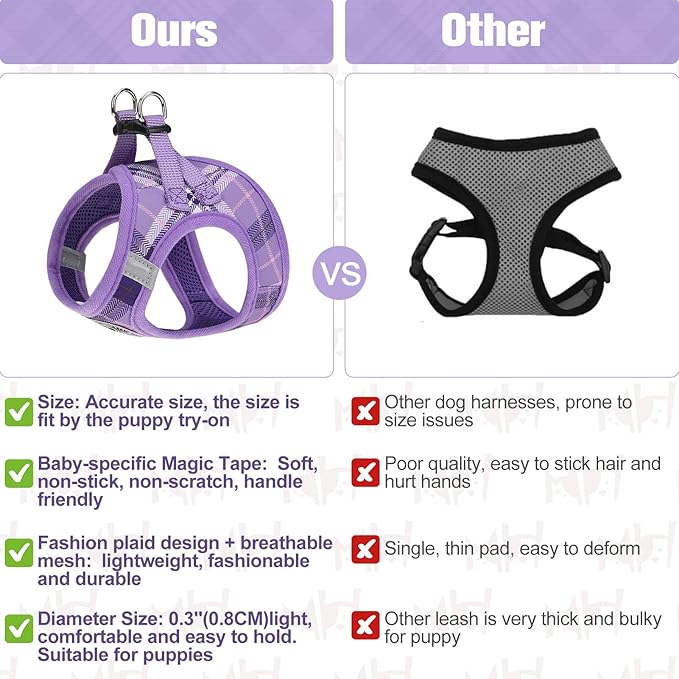 BEAUTYZOO Small Dog Harness and Leash Set,Step in No Chock No Pull Soft Mesh Dog Harnesses Reflective for Extra-Small/Small Medium Puppy Dogs and Cats, Plaid Dog Vest Harness for XS S Pets, Purple XS
