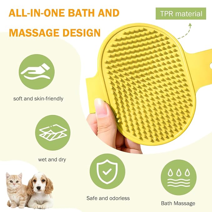 TORMEN 2 pcs Dog Bath Massage Brush, Dog Grooming Brush,Rubber Grooming Brush with Adjustable Handle for Dogs and Cats, Soft, Gentle & Skin-Safe for Long & Short Hair (Yellow)