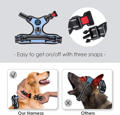 PHOEPET No Pull Dog Harness Reflective Adjustable Vest with a Training Handle, Name ID Pocket, 2 Metal Leash Hooks, 3 Snap Buckles [Easy to Put on & Take Off](M, Baby Blue)