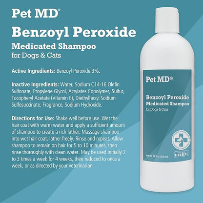 Pet MD - Benzoyl Peroxide Medicated Shampoo for Dogs and Cats - Effective for Skin Conditions, Dandruff, Itch Relief, Acne and Folliculitis - Citrus Scent - 12 oz