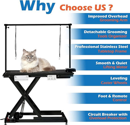 Professional Electric Dog Grooming Table Heavy Duty Pet Grooming Table Height Adjustable w/Leveling Wheels, Dog Grooming Arm, Anti Slip Tabletop &Tool Organizer, Dog Grooming Station 50" Black