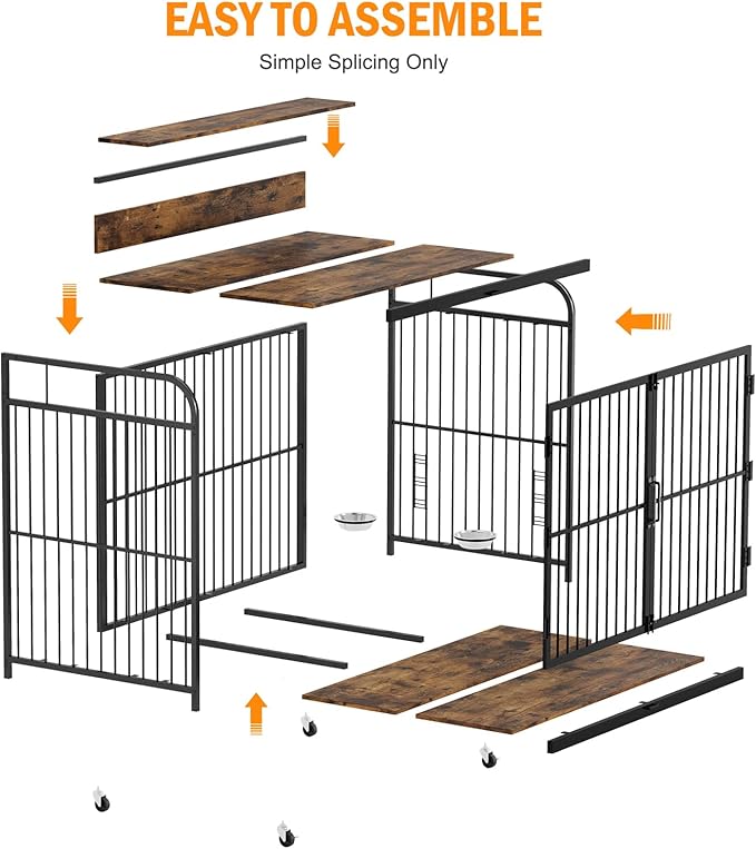 Dog Crate Furniture, Wooden Dog Crate End Table with Adjustable Height & 360° Rotating Feeder, Dog Kennel Indoor with 360° Wheels for Small Dogs, Heavy Duty Dog Crate (31.96''L x 20.47''W x 31.49''H)