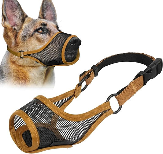 LUCKYPAW Dog Muzzle, Mesh Dog Muzzle for Large Medium Small Dogs, Soft Muzzles for Biting Chewing Fierce Barking, Breathable Muzzle with Adjustable Strap for Training (Brown, XL(Snout:11"-12.25"))