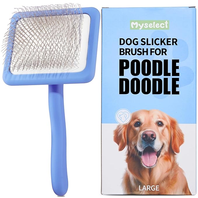 Long Pin Wood Slicker Brush for Dematting & Grooming Long-Haired Poodle & Doodle Breeds for Fluff Detangling & Keeping Mats Free on Poodles, Goldendoodles & Curly Dogs