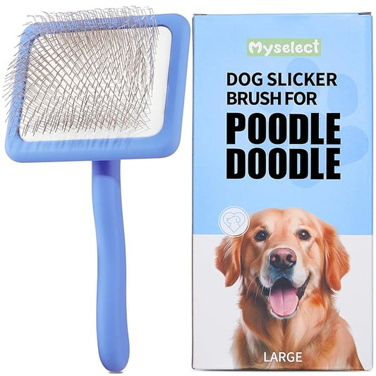 Long Pin Wood Slicker Brush for Dematting & Grooming Long-Haired Poodle & Doodle Breeds for Fluff Detangling & Keeping Mats Free on Poodles, Goldendoodles & Curly Dogs