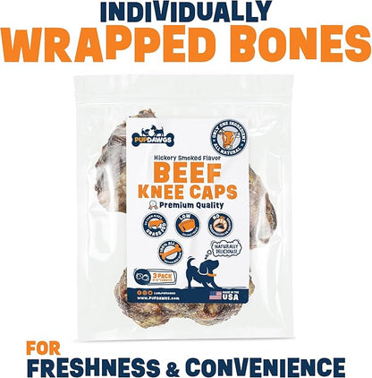 Single Ingredient Dog Bone Made in USA - Beef Knee Caps - 100% Natural Dog Bones for Aggressive Chewers - from USDA Inspected Beef - Hickory Smoked - Individually Wrapped (3 Piece Pack)