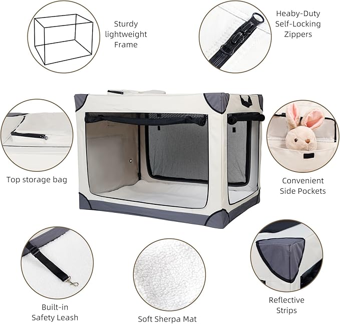 42 Inch Foldable Dog Crate - Portable Puppy Travel Crate Kennel for Large Dog, 4-Door Pet Crate with Mesh Windows, Indoor & Outdoor