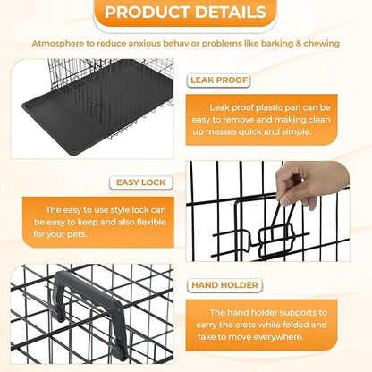 PayLessHere Large Dog Crate Kennel for Medium Large Dogs 24 inches Metal Dog Cage Double-Door Folding Travel Indoor Outdoor Puppy Playpen with Divider and Handle Plastic Tray,Black