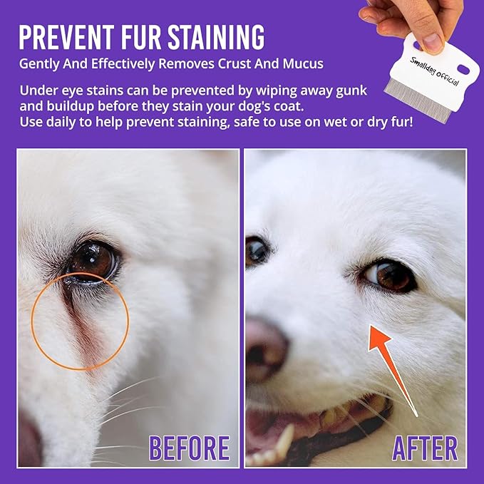 Tear Stain Remover - Fine Tooth Metal Comb to Clean Dogs Eye Boogers - Steel Pet Cleaner and Grooming Accessories - Care for Small Dog Breeds like Shih Tzu, Poodle, Yorkie, Goldendoodle and More