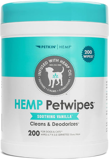 Petkin Hemp Pet Wipes for Dogs and Cats - with Hemp Oil & Soothing Vanilla Scent, 200 Count - Soothes, Calms & Conditions - Wipes for Pet's Face, Eyes and Body - for Home or Travel