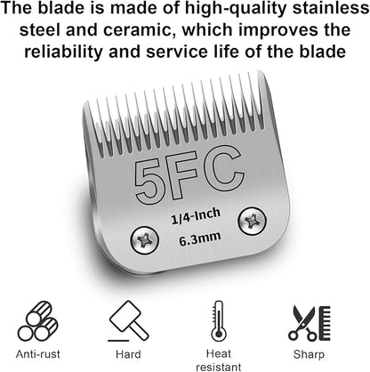 5FC Detachable Pet Clipper Replacement Blades Compatible with Andis/Oster A5/Wahl KM10 Series Dog Clipper,Made of Ceramic Blade & Stainless Steel Blade,Size 5FC Cut Length 1/4-Inch（2 Pack）