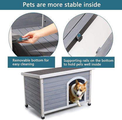 Petsfit Wooden Dog House,Outdoor Pet Kennel, Solid Wood, Weather Proof, Light Grey, Medium/40.8 X 26 X 27.6 Inch