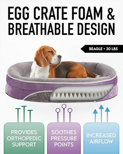 OhGeni Orthopedic Dog Bed for Large Dogs, Dog Couch Design with Egg Foam Support, Removable, Washable Plush Cover and Non-Slip Bottom with Four Sided Bolster Cushion (Purple)