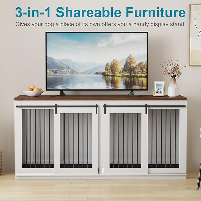 Large Dog Crate Furniture, 71" Wooden Dog Kennel for 2 Dogs, Heavy Duty Furniture Style Dog House with Divider & 2 Trays,Decorative Dog Crate Table Indoor Tv Stand