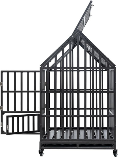 Goohome 47.24 Inch Heavy Duty Dog Crate Cage Kennel with Wheels, High Anxiety Indestructible, Sturdy Locks Design, Extra Large Crate Indoor for Large Dog with Roof & Window on Roof