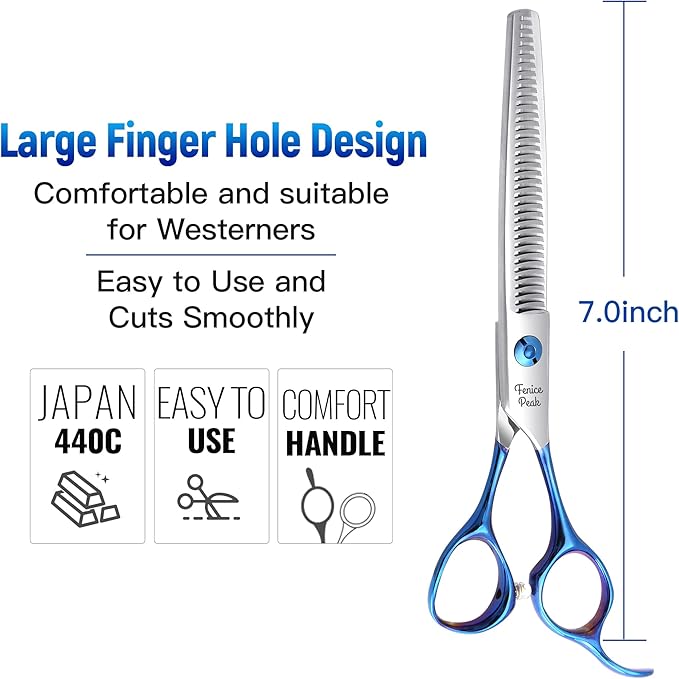 Fenice Peak Grooming Scissors for Dogs 7 inch Thinning Pet Grooming Scissors Ergonomically Designed Blue Handles Ideal Dog Shears for Precise Trimming Easy Use.