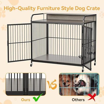 GAOMON Dog Crate Furniture, Dog Crate Indoor with Adjustable Height Bowls, Wooden Heavy Duty, 39.8 Inch Dog Kennel Furniture for Medium Dogs, 39.8" L X 22.5" W X 38.6" H,Grey