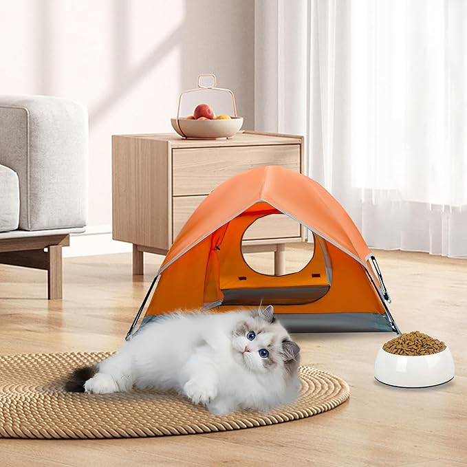 Outdoor Waterproof Pet Camping Tent, Cave Bed for Indoor Cats and Small Dogs, Portable Cat House Dog House, 21.6x21.6x14.9'', Orange, S.