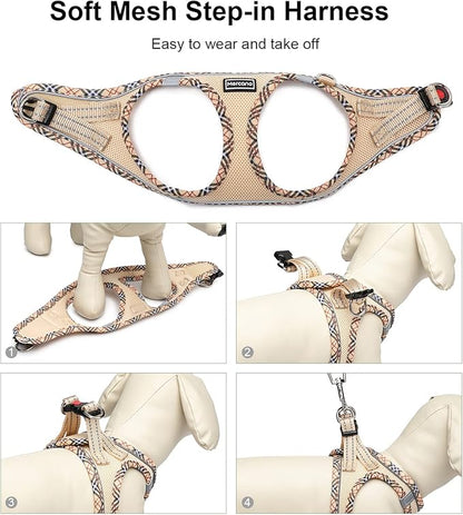 Mercano Soft Mesh Dog Harness and Leash Set, No-Chock Step-in Reflective Breathable Lightweight Easy Walk Escape Proof Vest Harnesses with Safety Buckle for Small Medium Dogs, Cats (Beige, XXS)