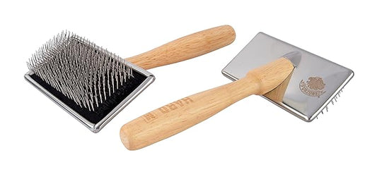Wooden Slicker Brush - Stainless Steel Hard Pins for Grooming Short-Haired Pets (Size M)