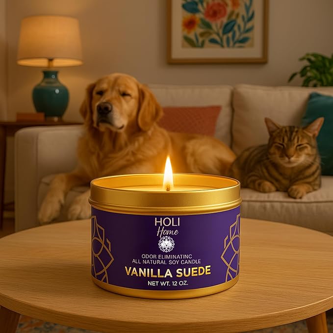 HOLI Pet Odor Eliminator Candle – Vanilla Suede Scent – All Natural Soy Wax, Paraben & Phthalate Free, Pet Safe, Long-Lasting 60-Hour Burn, Non-Toxic & Plastic-Free Air Freshener for Home