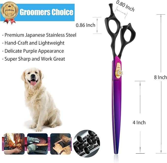 PURPLEBIRD 8 Inch Straight Dog Grooming Scissors Professional Pet Cutting Shears Safety Noiseless Blunt Tip Trimming Shearing for Dogs Cats Japanese Stainless Steel Purple