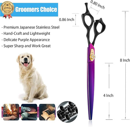 PURPLEBIRD 8 Inch Straight Dog Grooming Scissors Professional Pet Cutting Shears Safety Noiseless Blunt Tip Trimming Shearing for Dogs Cats Japanese Stainless Steel Purple