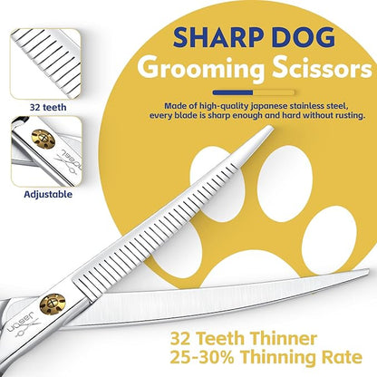 JASON 7" Dog Grooming Scissors - Up-curved Thinning Shears with 25%-30% Thinning Rate, Japanese 440C Stainless Steel Dog Blenders for Grooming with Adjustable Screw (32 Teeth, Silver)