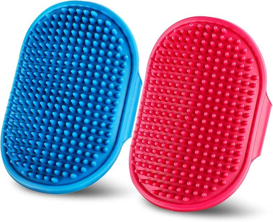 Dog Bath Brush | Grooming Comb With Adjustable Loop Handle for Short and Long Hair Cats and Dogs, 2pcs (Tapered Head, Blue + Red)